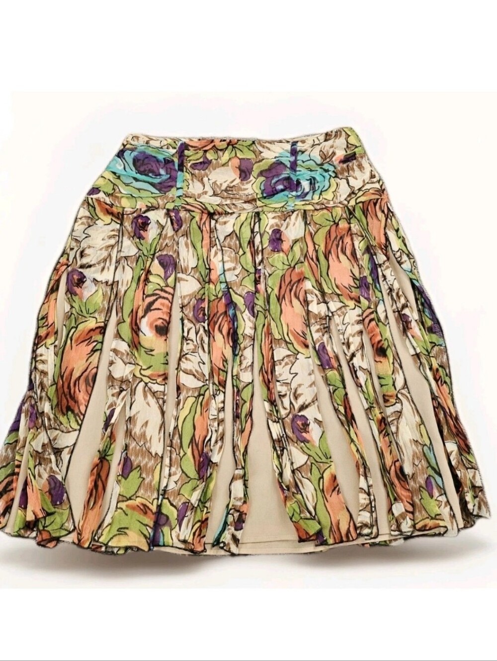 WDNY Beige Floral 100% Silk Chiffon A-Line Knee Length Skirt Panels Lined Boho